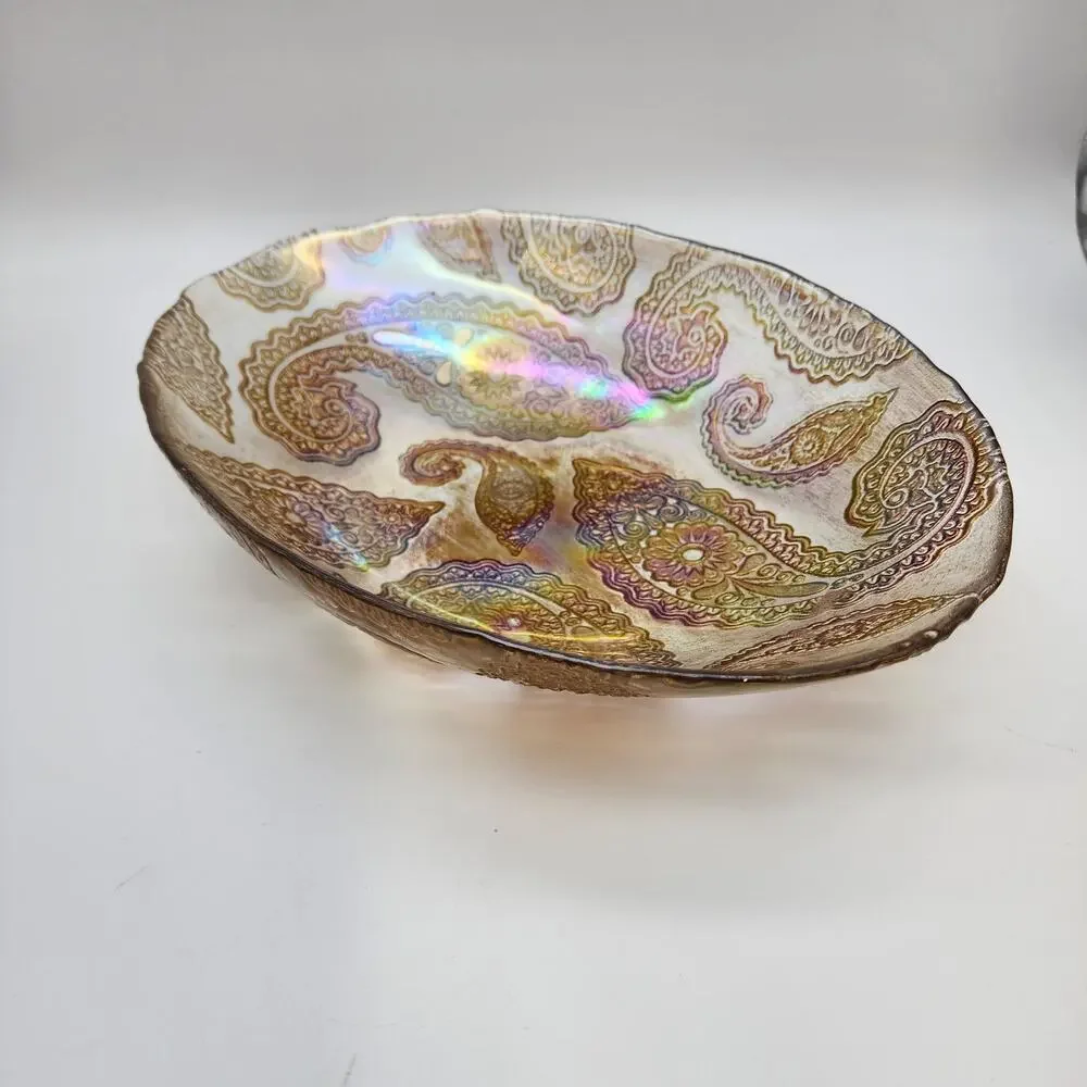 Paisley Carnival Glass Bowl Decorative Oval Embossed MCM Iridescent 9x12 Vintage